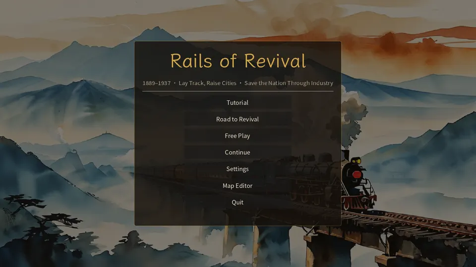 The main menu over a watercolour of a steam locomotive crossing a viaduct among blue mountains