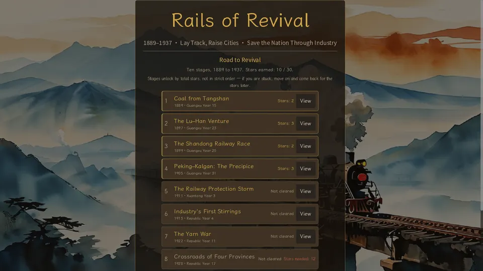 The Road to Revival campaign screen listing ten levels from 1889 to 1937 with their star ratings