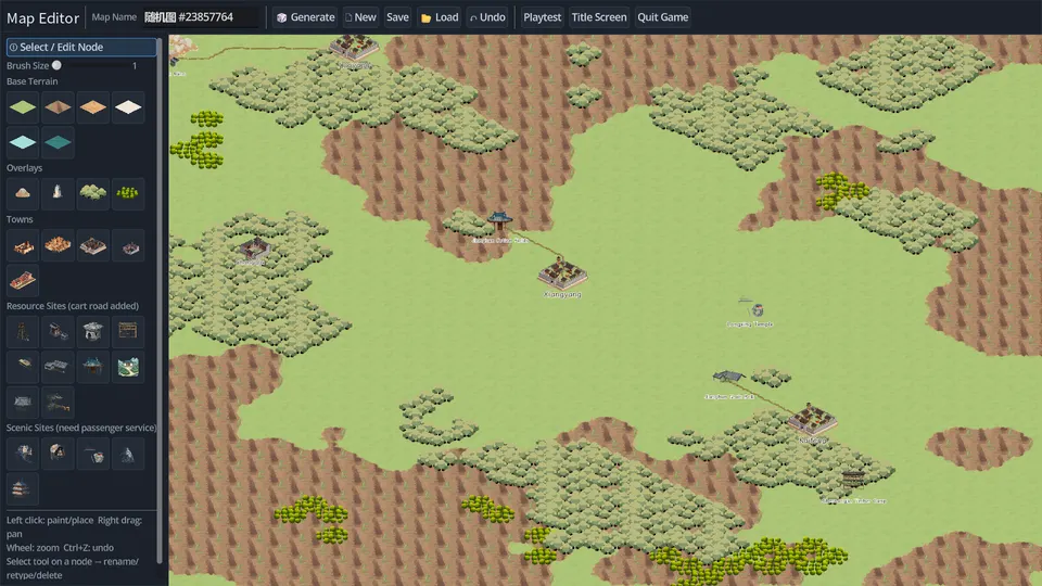 The map editor with terrain brushes, town and resource-site palettes and a hand-drawn map
